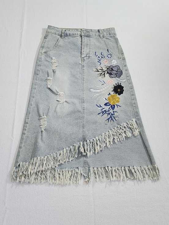 Source Unknown Dresses & Skirts - Boho Fringe Embroidered Denim Midi Skirt Western Festival Size S